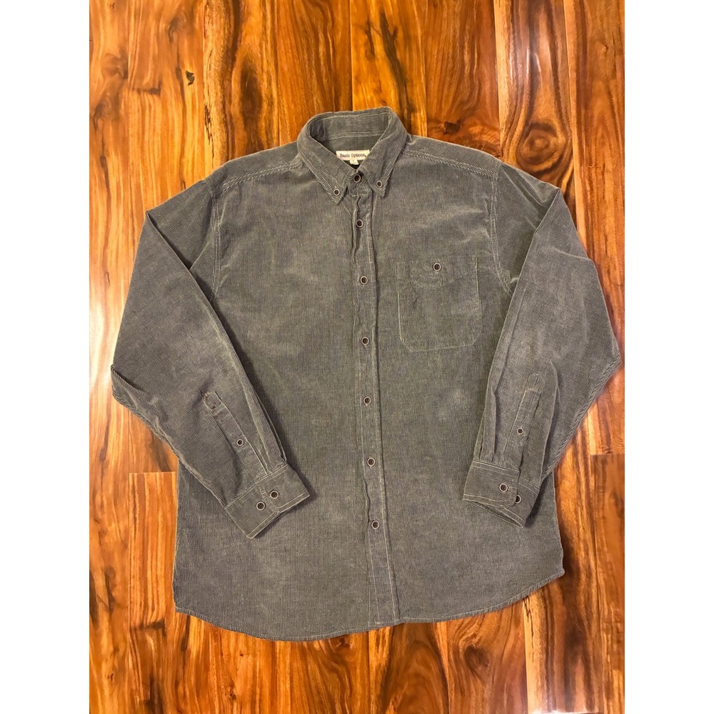 Basic Options Mens Corduroy Button Down Shirt Gray Green L Long Sleeve Pocket